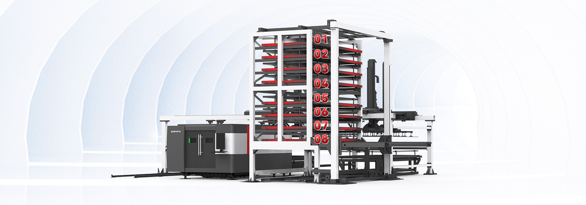 力星激光板材自動(dòng)上下料庫(kù)系統(tǒng)-8層貨格 科學(xué)、緊湊的存儲(chǔ)方案